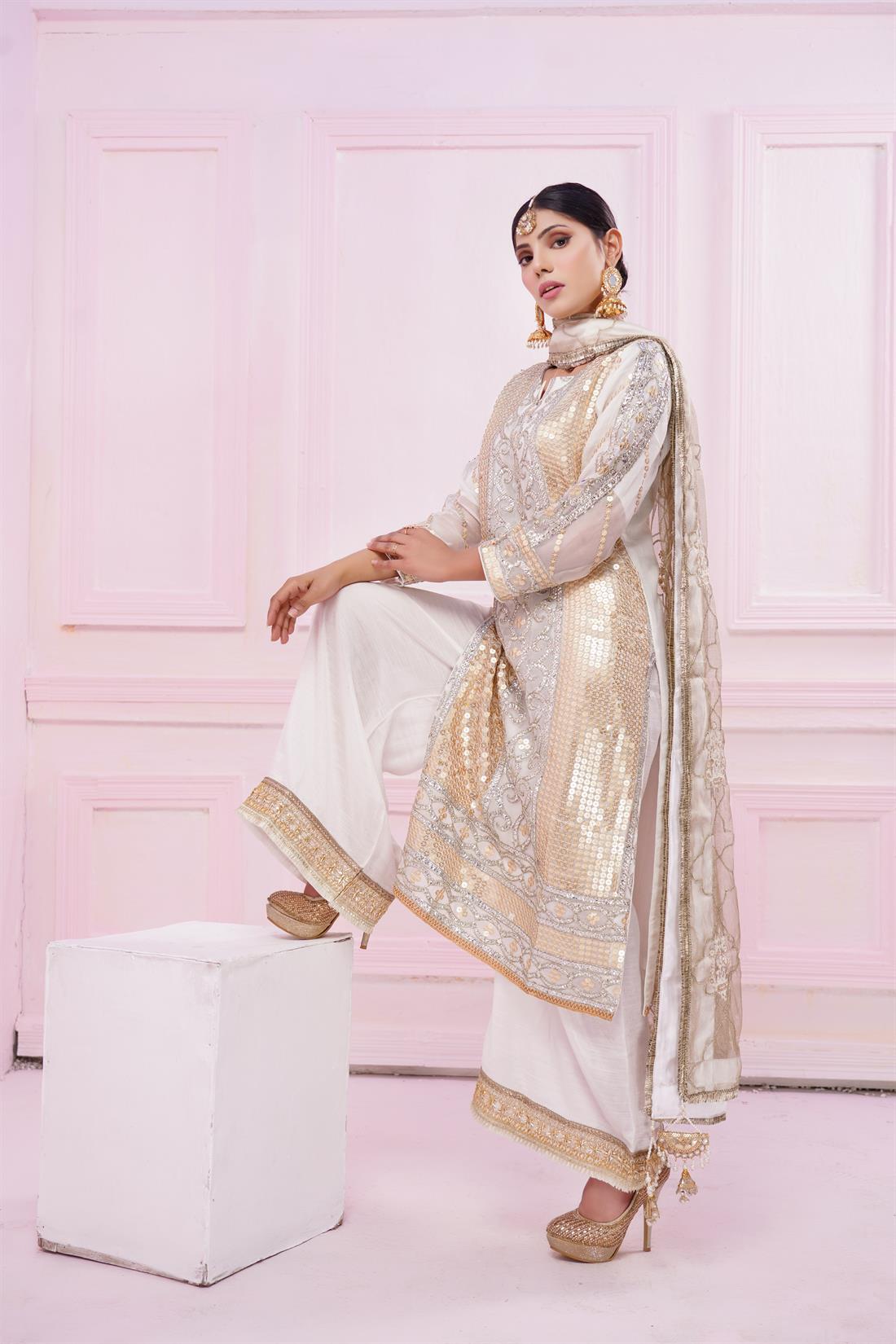 Off White Stunning Embroidered 3-Piece Off-White Suit