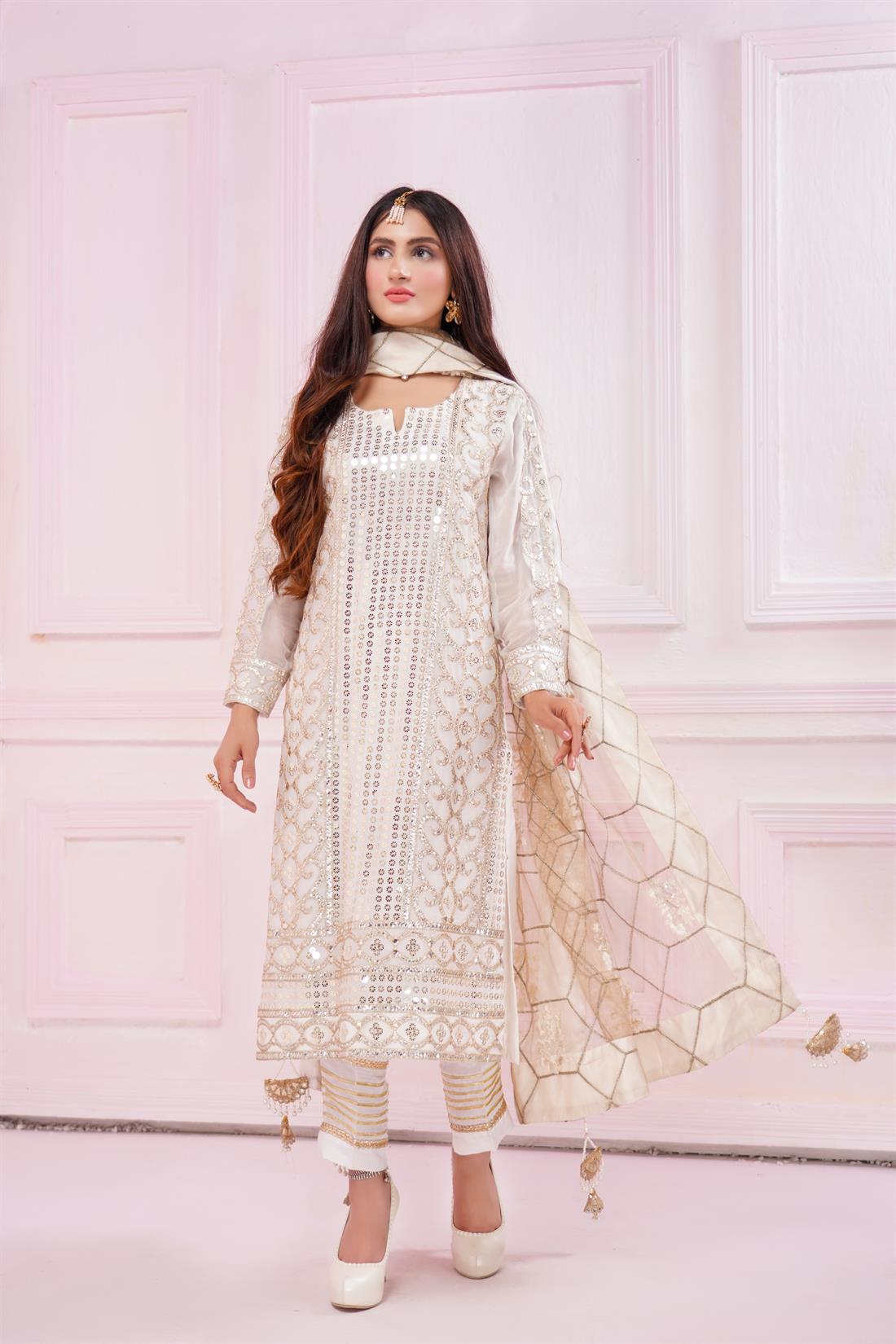 Off White Embroidered Ladies Readymade