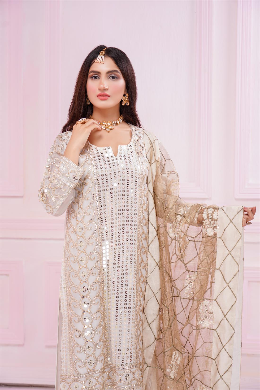 Off White Embroidered Ladies Readymade
