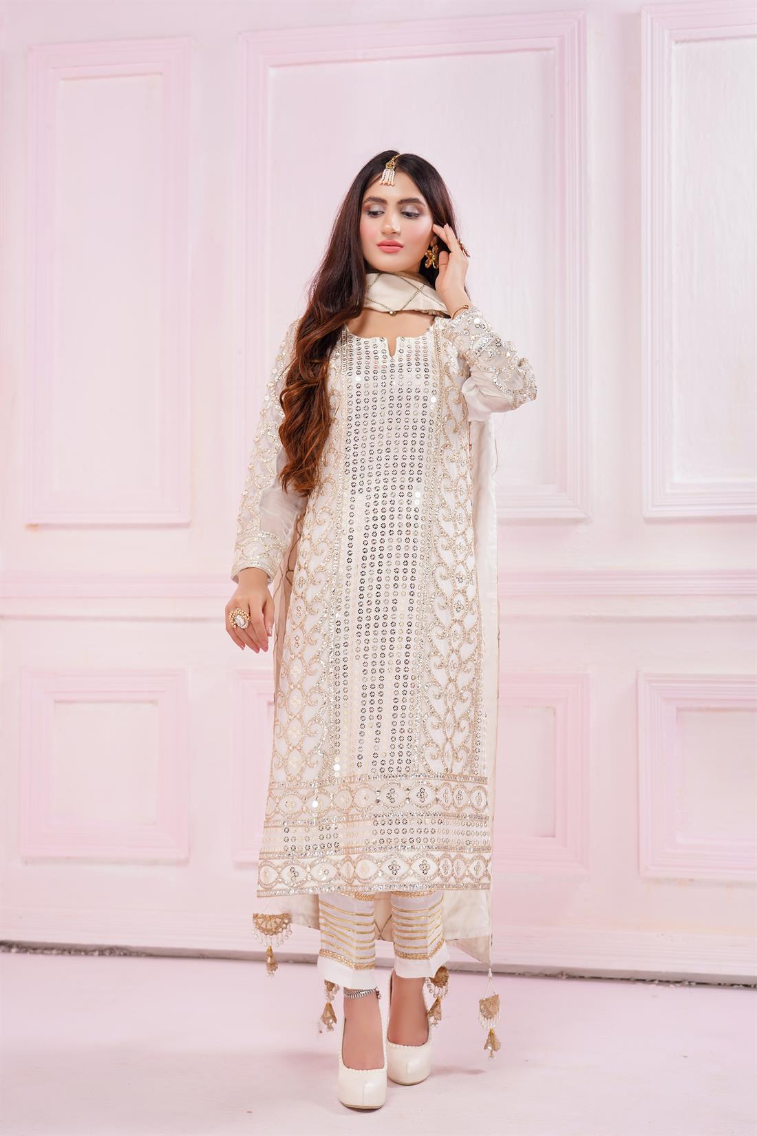 Off White Embroidered Ladies Readymade