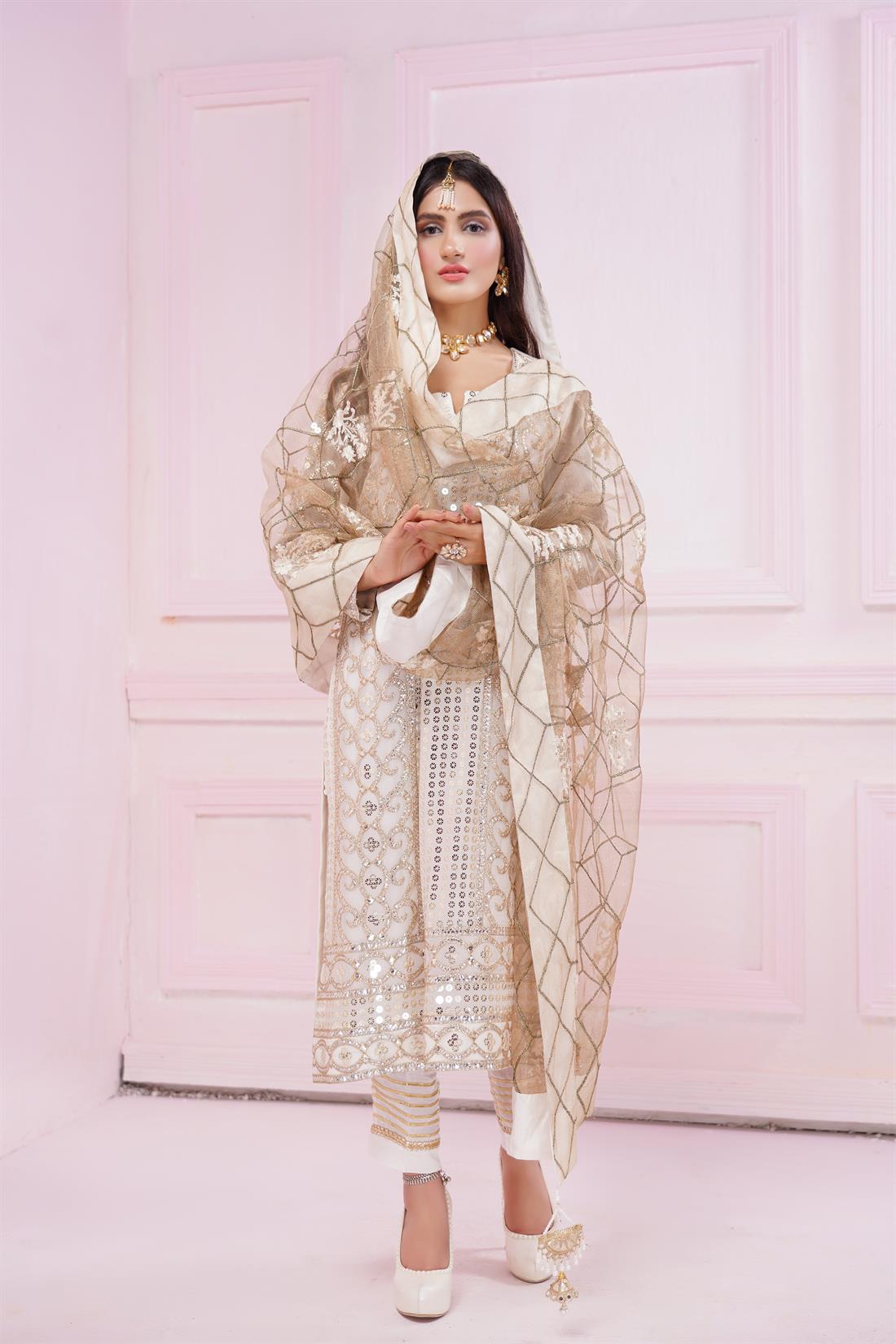 Off White Embroidered Ladies Readymade