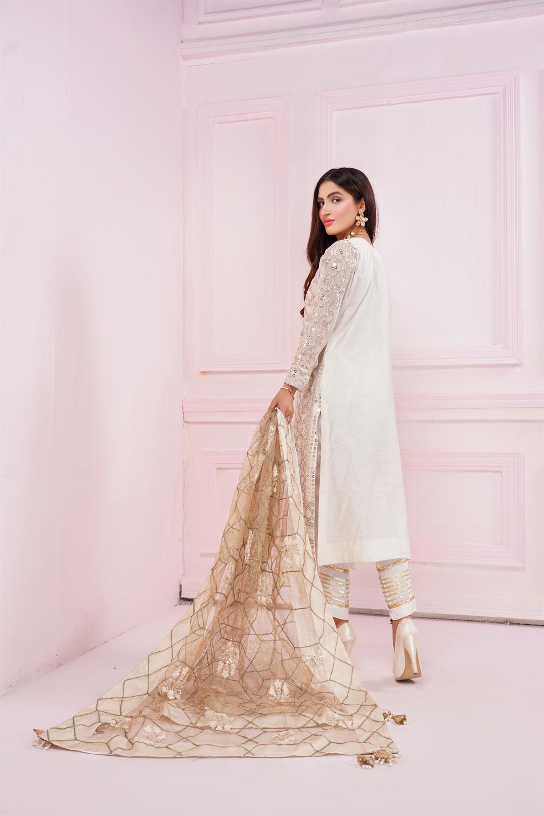 Off White Embroidered Ladies Readymade