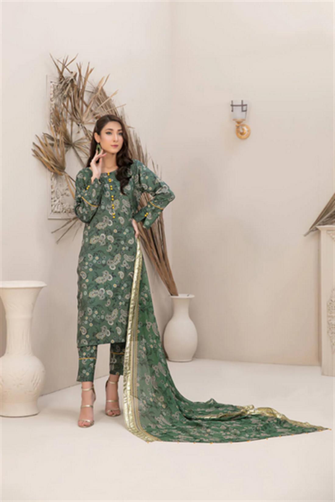Green Digital Print Chiffon 3 Piece Ready-to-wear Printed Linen Collection