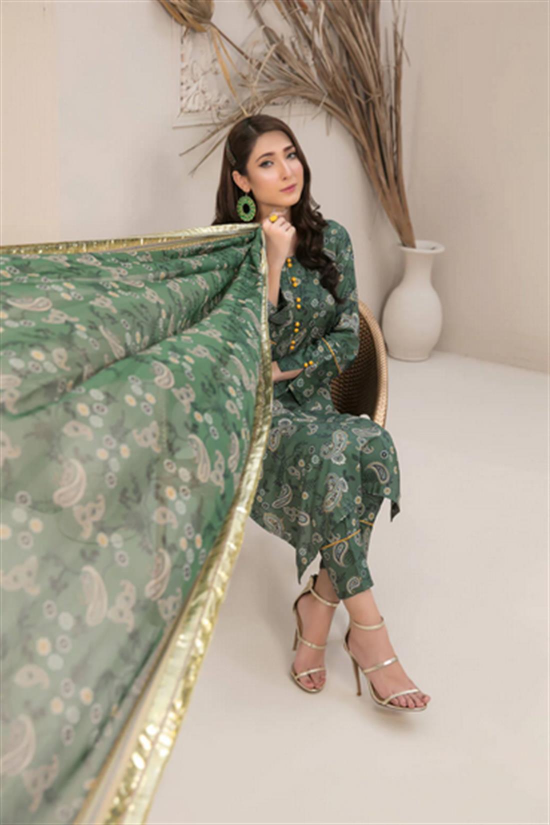 Green Digital Print Chiffon 3 Piece Ready-to-wear Printed Linen Collection