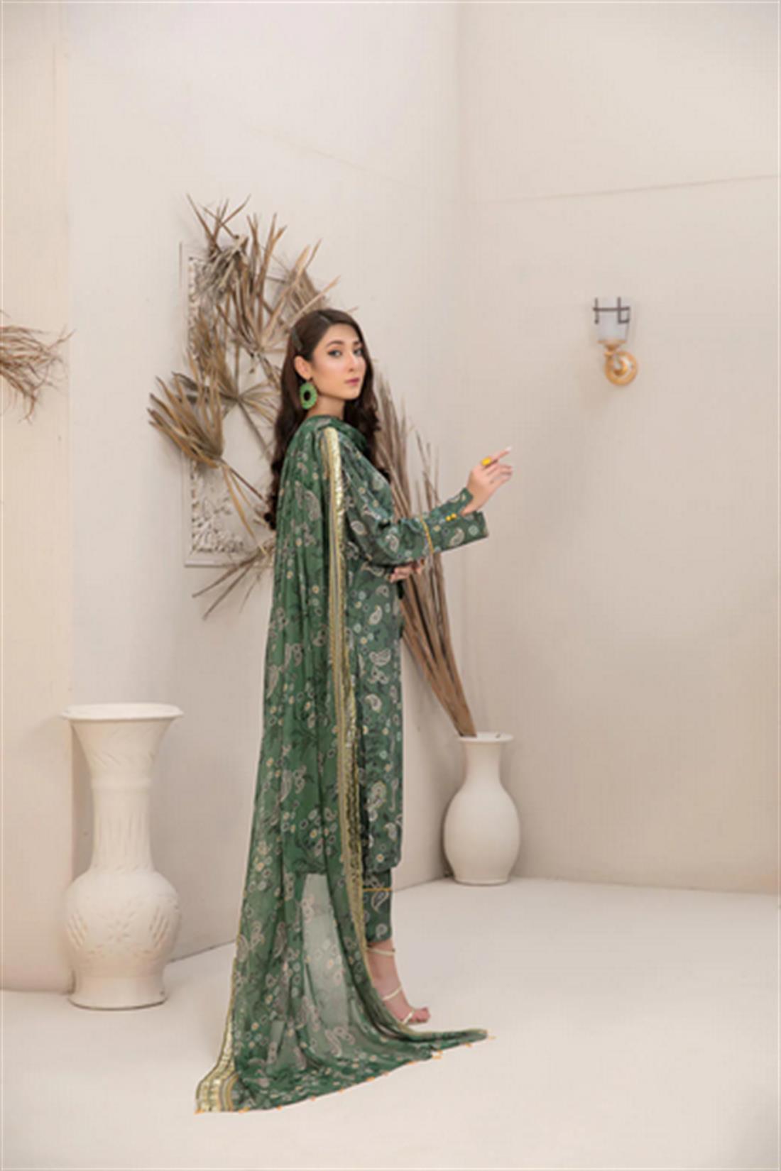 Green Digital Print Chiffon 3 Piece Ready-to-wear Printed Linen Collection