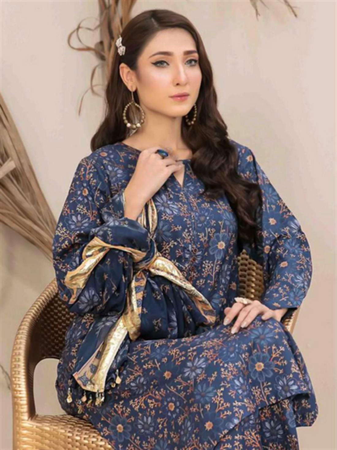 Blue Digital Print Chiffon Ladies Readymade
