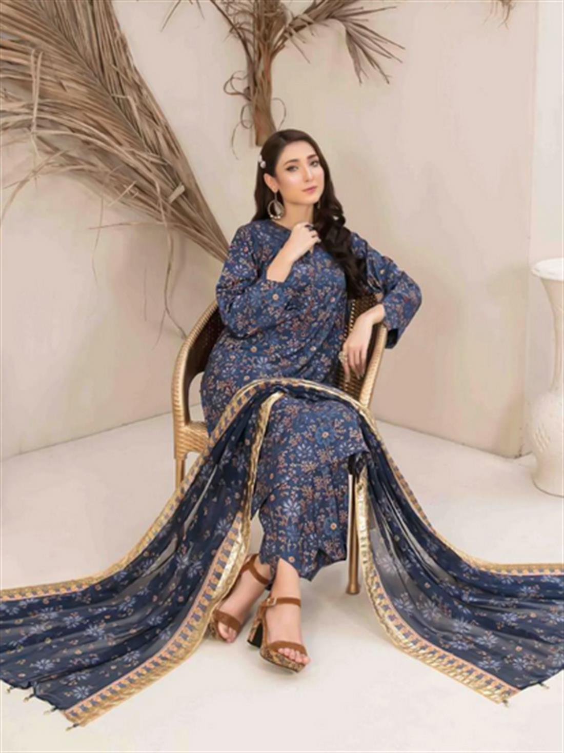 Blue Digital Print Chiffon Ladies Readymade