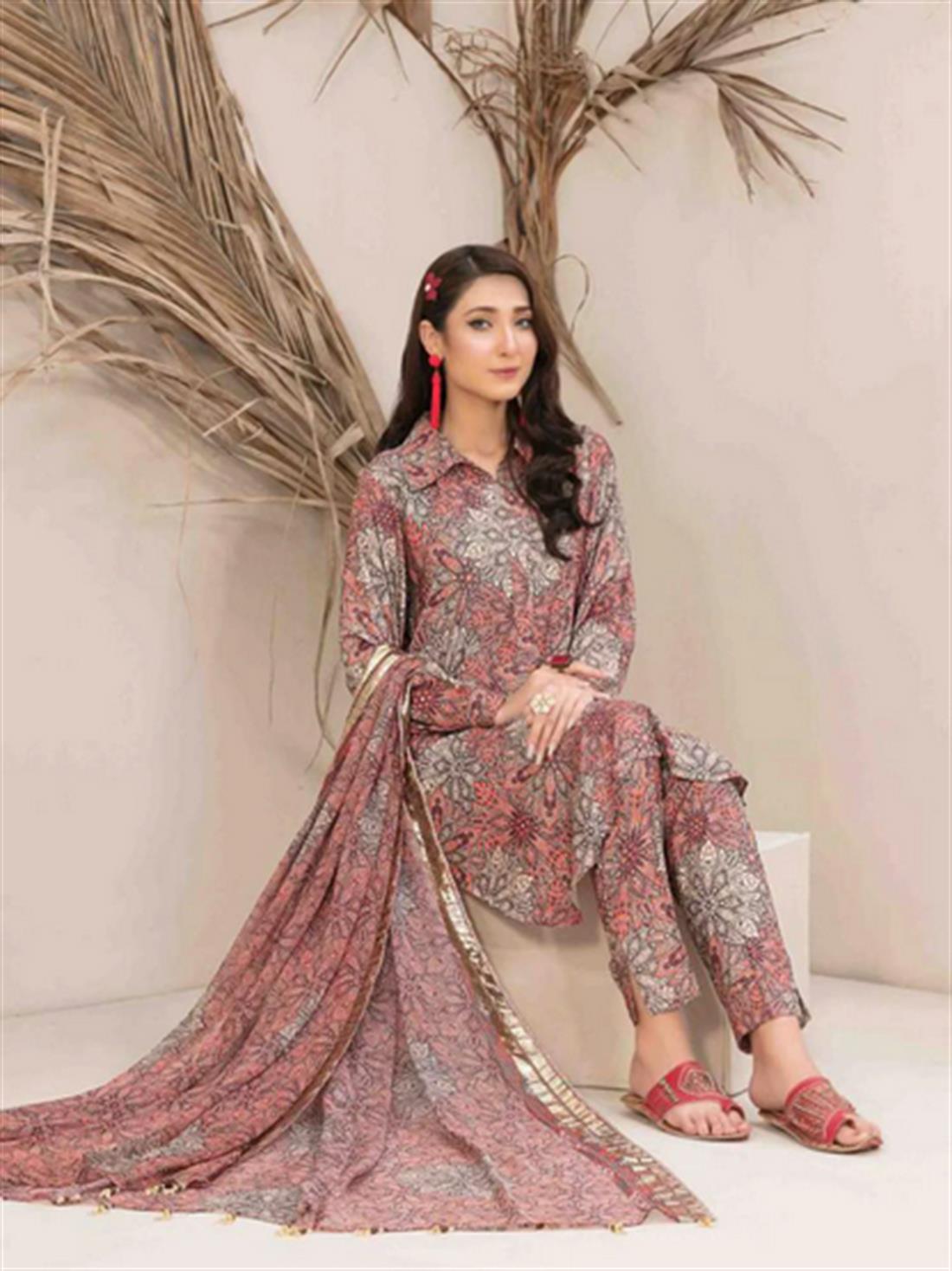 Pink & Multicolour Digital Print Chiffon 3 Piece Ready-to-wear Printed Linen Collection