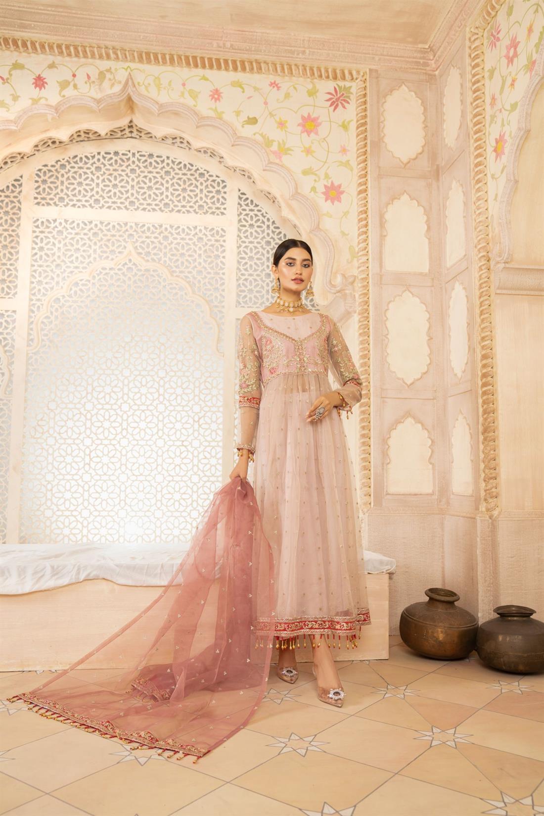 Dusty Pink Embroidered Raw Silk Ladies 3 Piece Suit