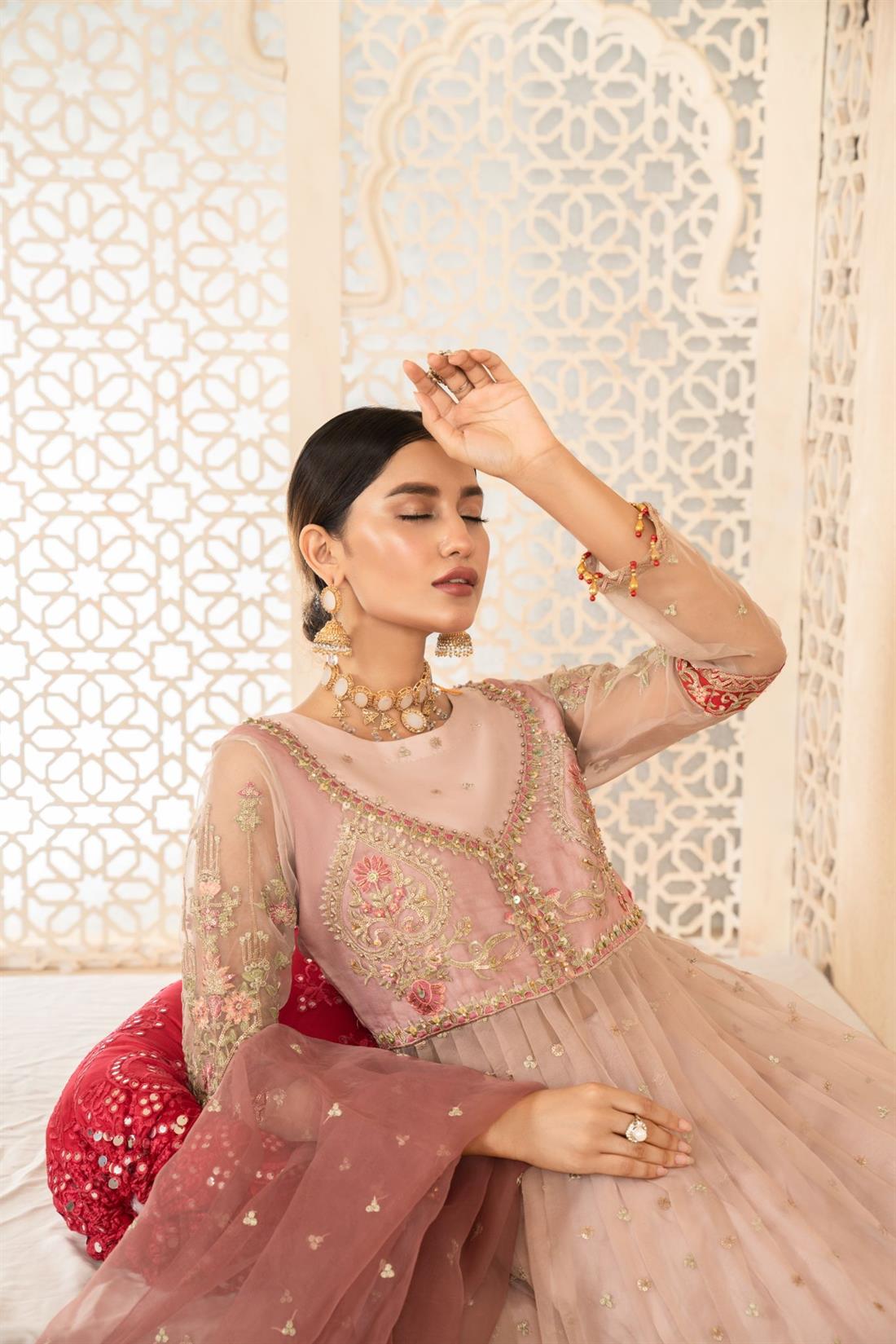 Dusty Pink Embroidered Raw Silk Ladies 3 Piece Suit