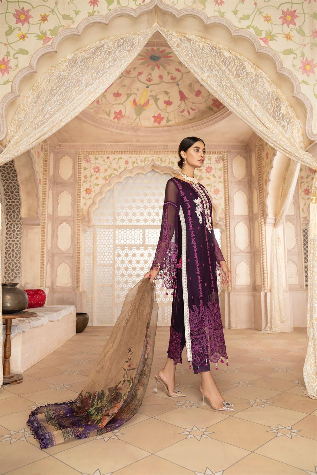 Purple Embroidered Organza Ladies 3 Piece Suit