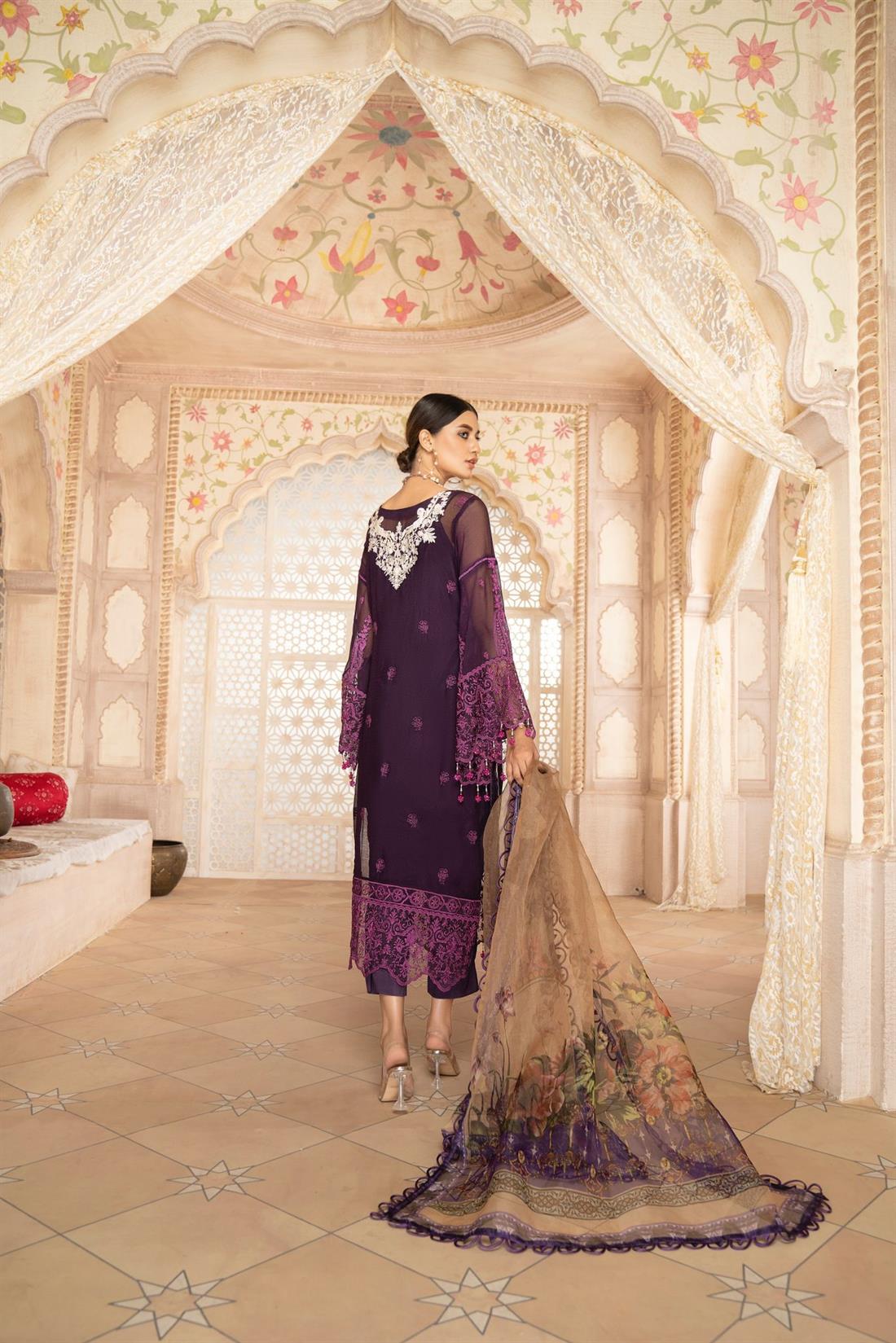 Purple Embroidered Organza Ladies 3 Piece Suit