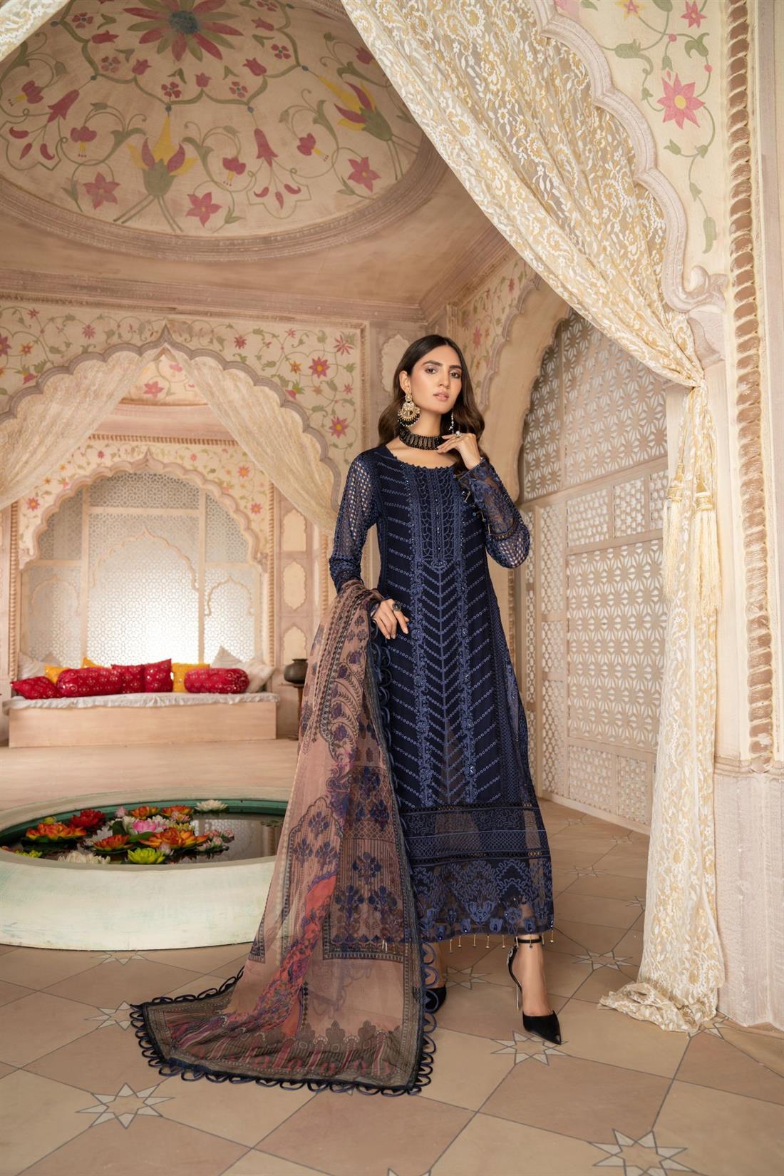 Navy Blue Digital Print Organza Ladies 3 Peice Suit