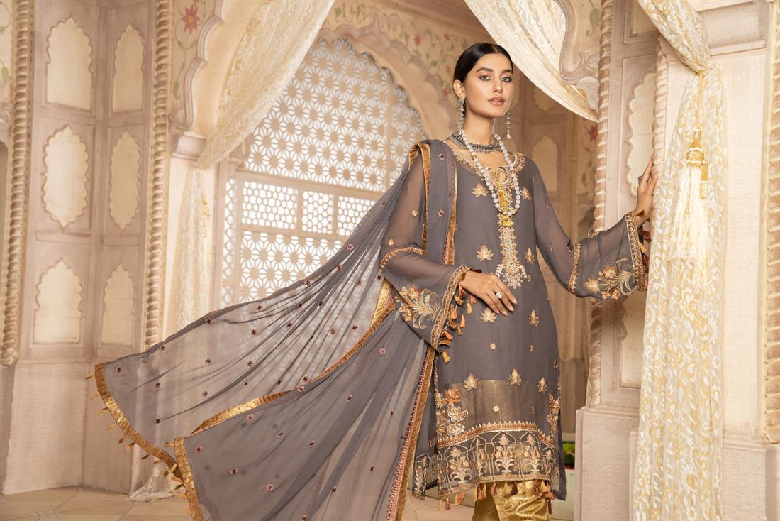 Charcoal Grey Embroidered Chiffon Ladies 3 Piece