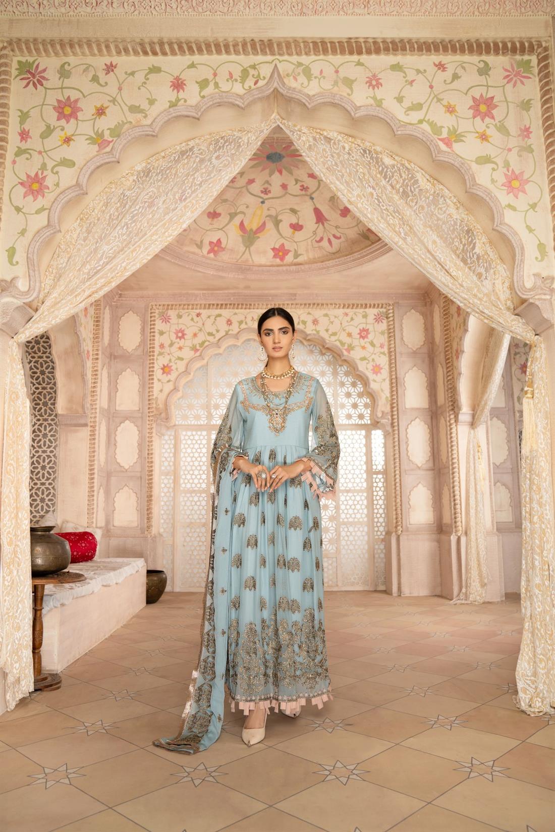 Powder Blue Embroidered Chiffon Ladies 3 Piece
