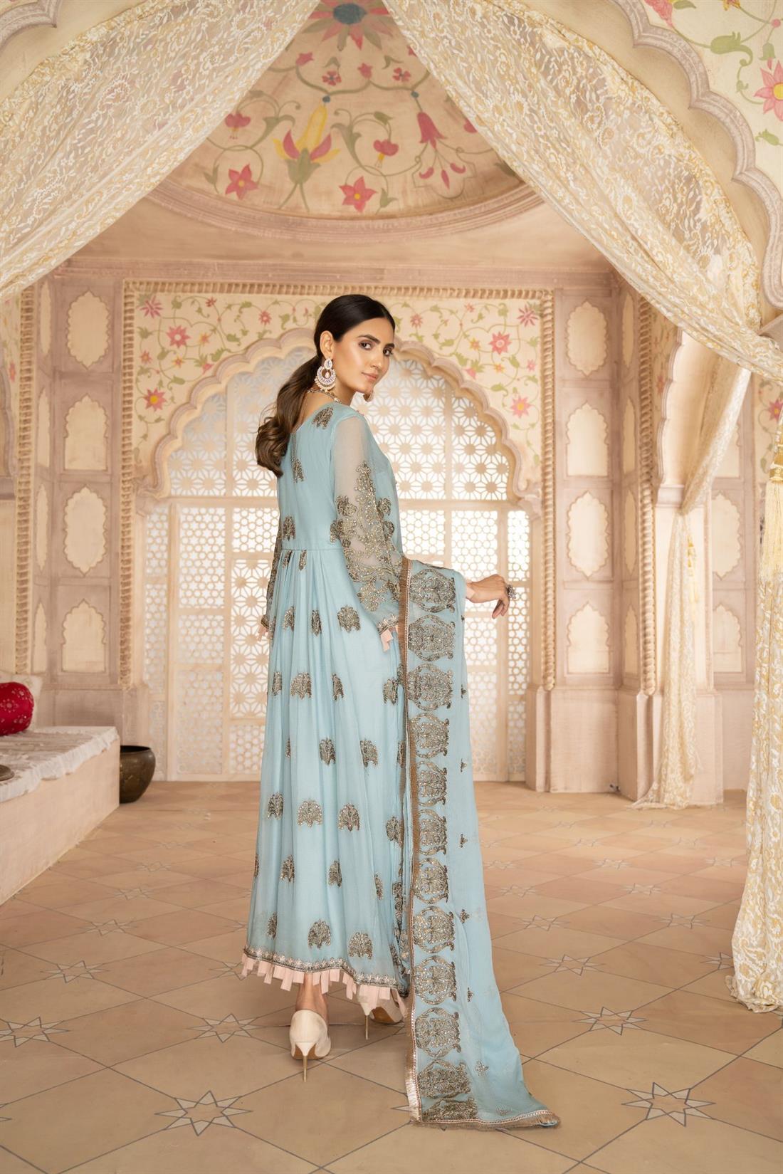 Powder Blue Embroidered Chiffon Ladies 3 Piece
