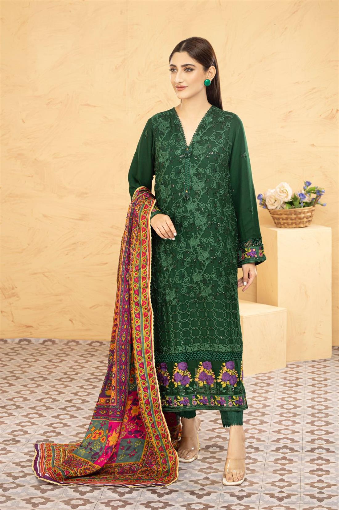 Dark Green & Multicolour Printed Raw Silk Chiffon Chikankari Kameez with Glitter Sequnce Work
