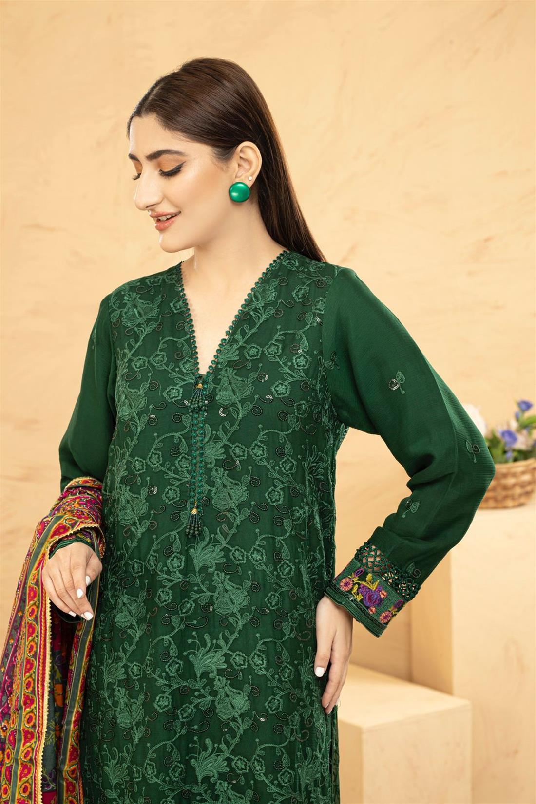 Dark Green & Multicolour Printed Raw Silk Chiffon Chikankari Kameez with Glitter Sequnce Work