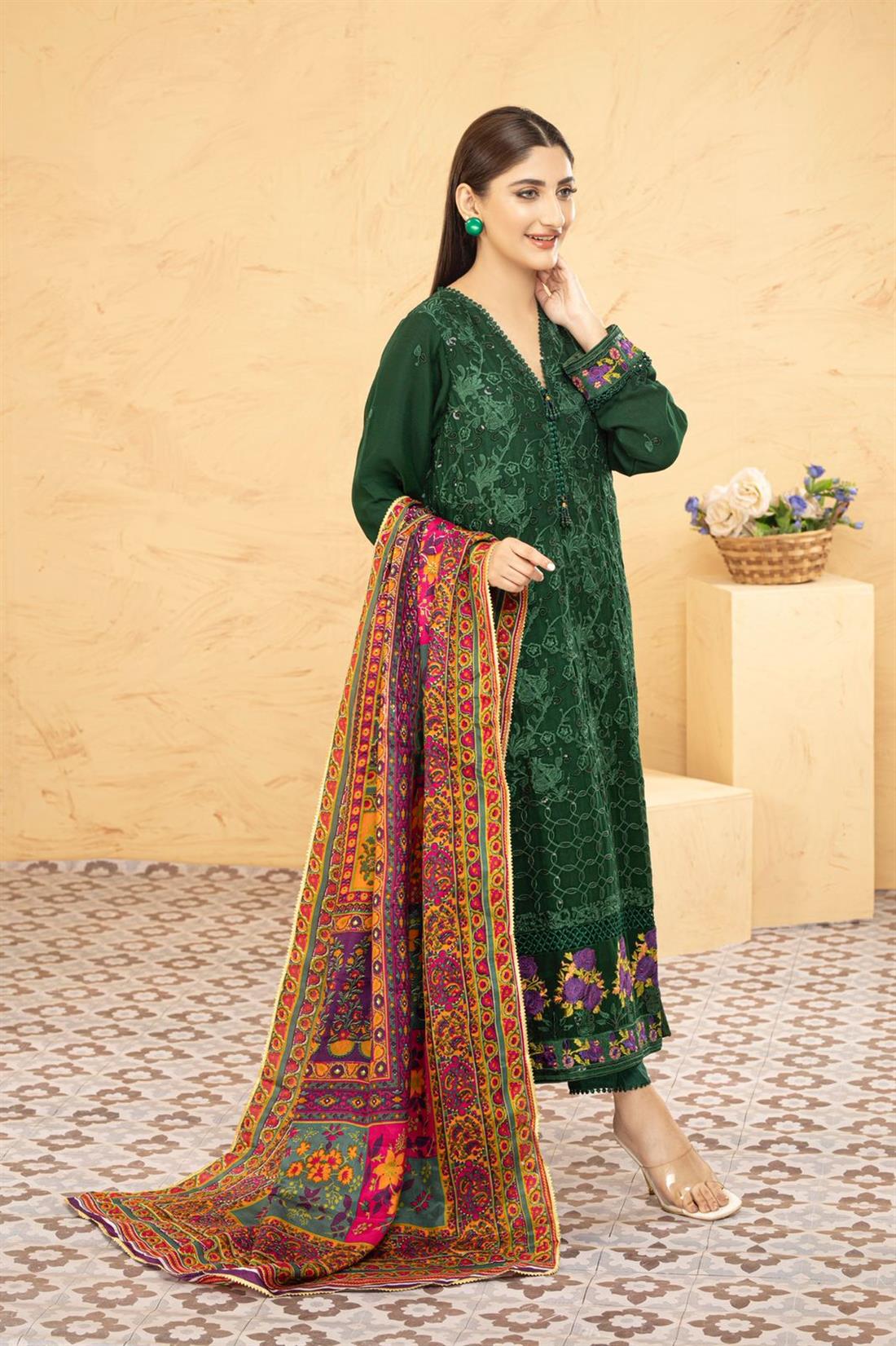 Dark Green & Multicolour Printed Raw Silk Chiffon Chikankari Kameez with Glitter Sequnce Work