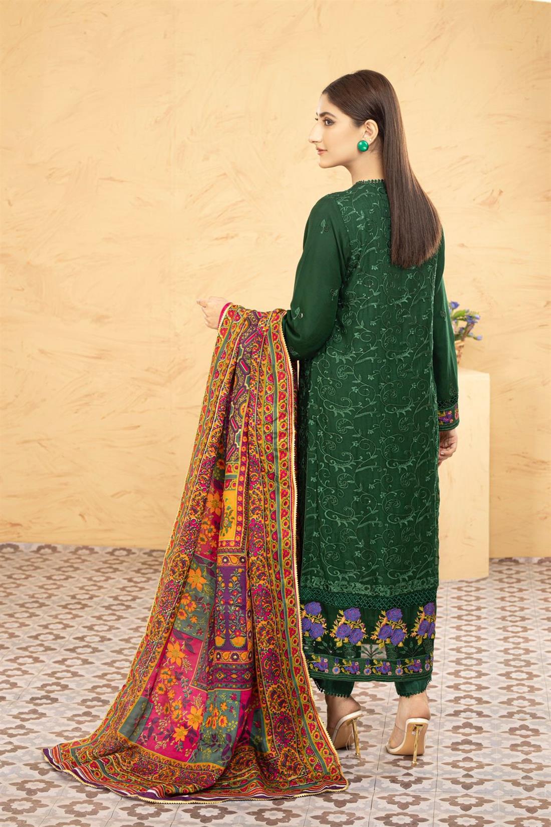Dark Green & Multicolour Printed Raw Silk Chiffon Chikankari Kameez with Glitter Sequnce Work