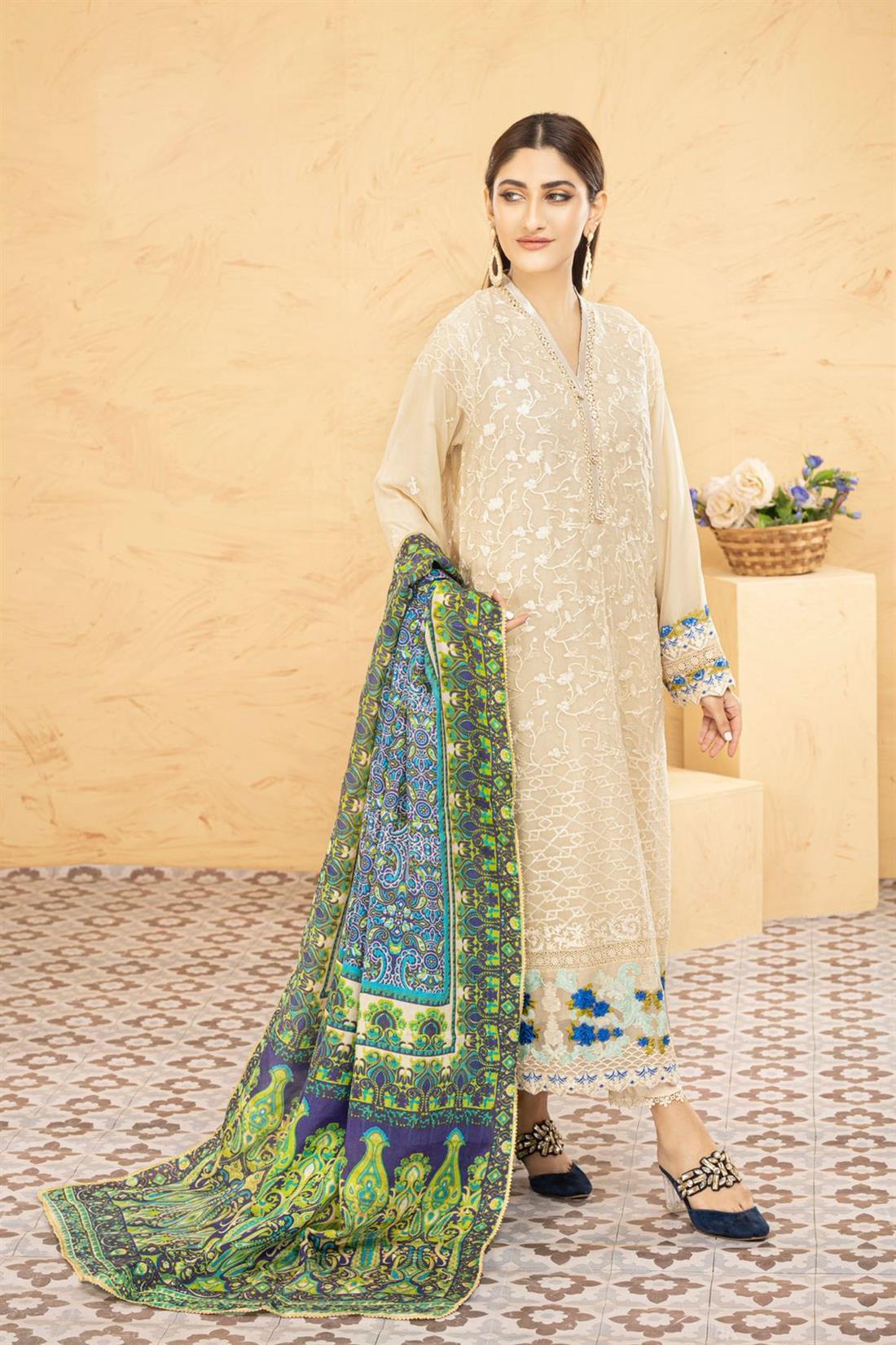 Cream & Multicolour Printed Raw Silk Chiffon Chikankari Kameez with Glitter Sequnce Work