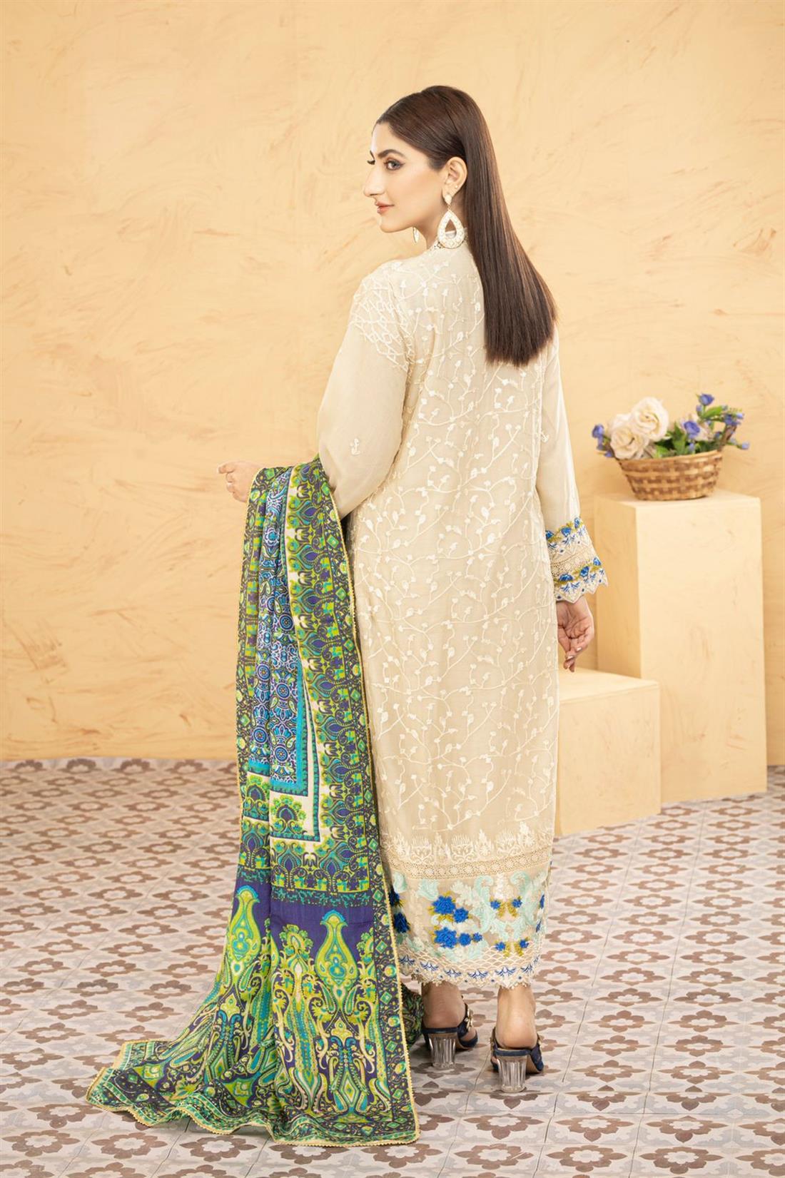Cream & Multicolour Printed Raw Silk Chiffon Chikankari Kameez with Glitter Sequnce Work