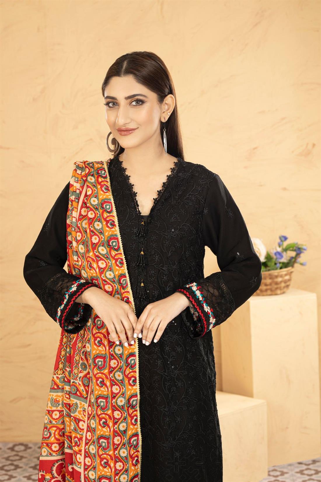 Black & Multicolour Printed Raw Silk Ladies Readymade