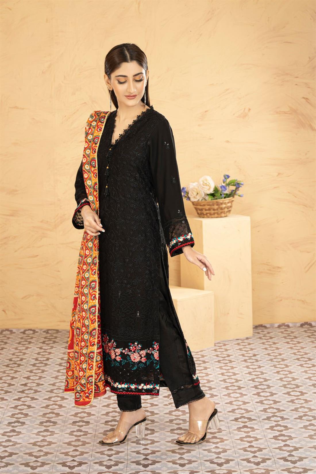 Black & Multicolour Printed Raw Silk Ladies Readymade