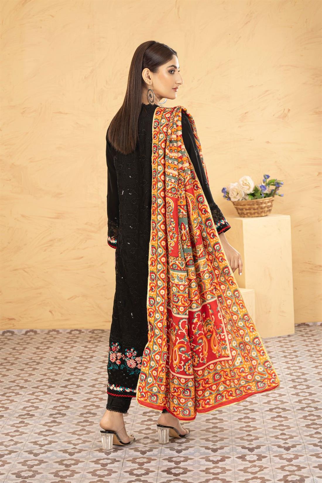 Black & Multicolour Printed Raw Silk Ladies Readymade