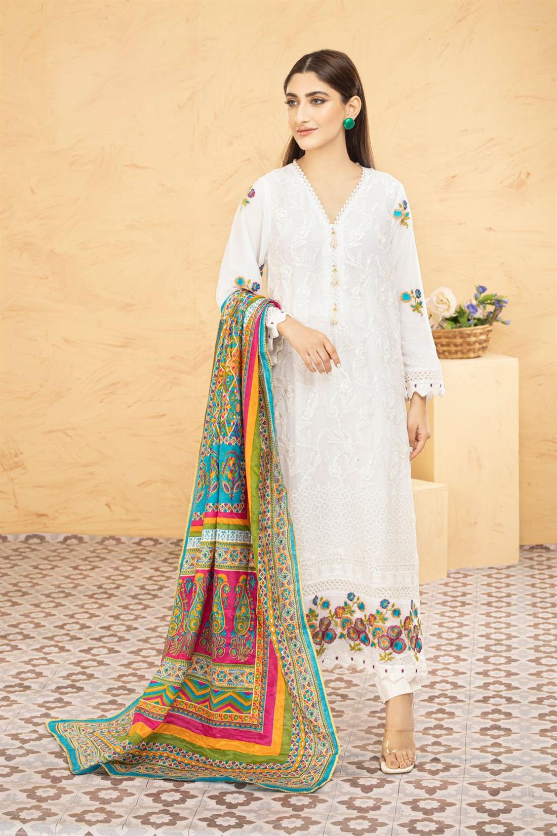 White & Multicolour Printed Raw Silk Ladies Readymade