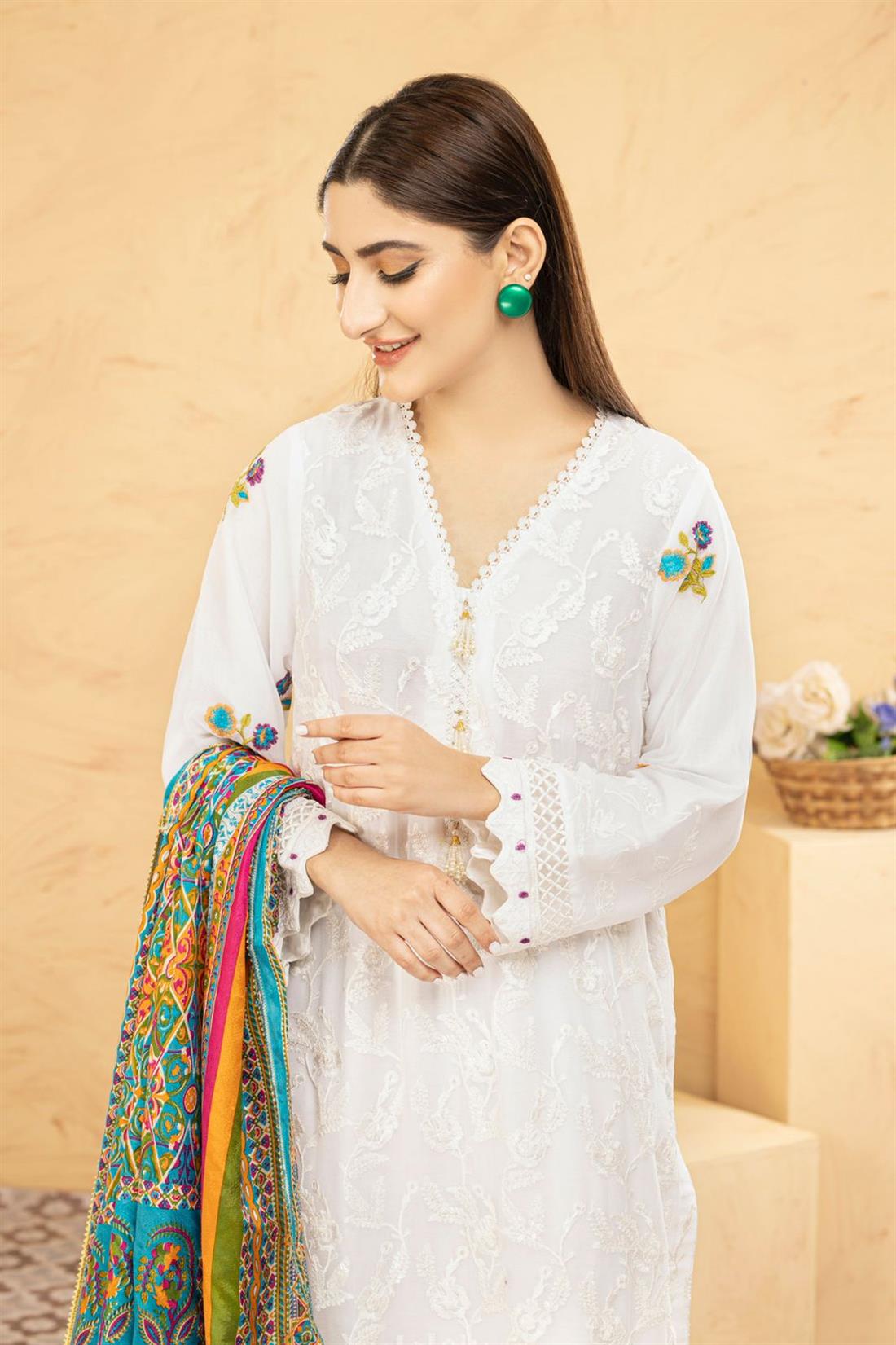 White & Multicolour Printed Raw Silk Ladies Readymade