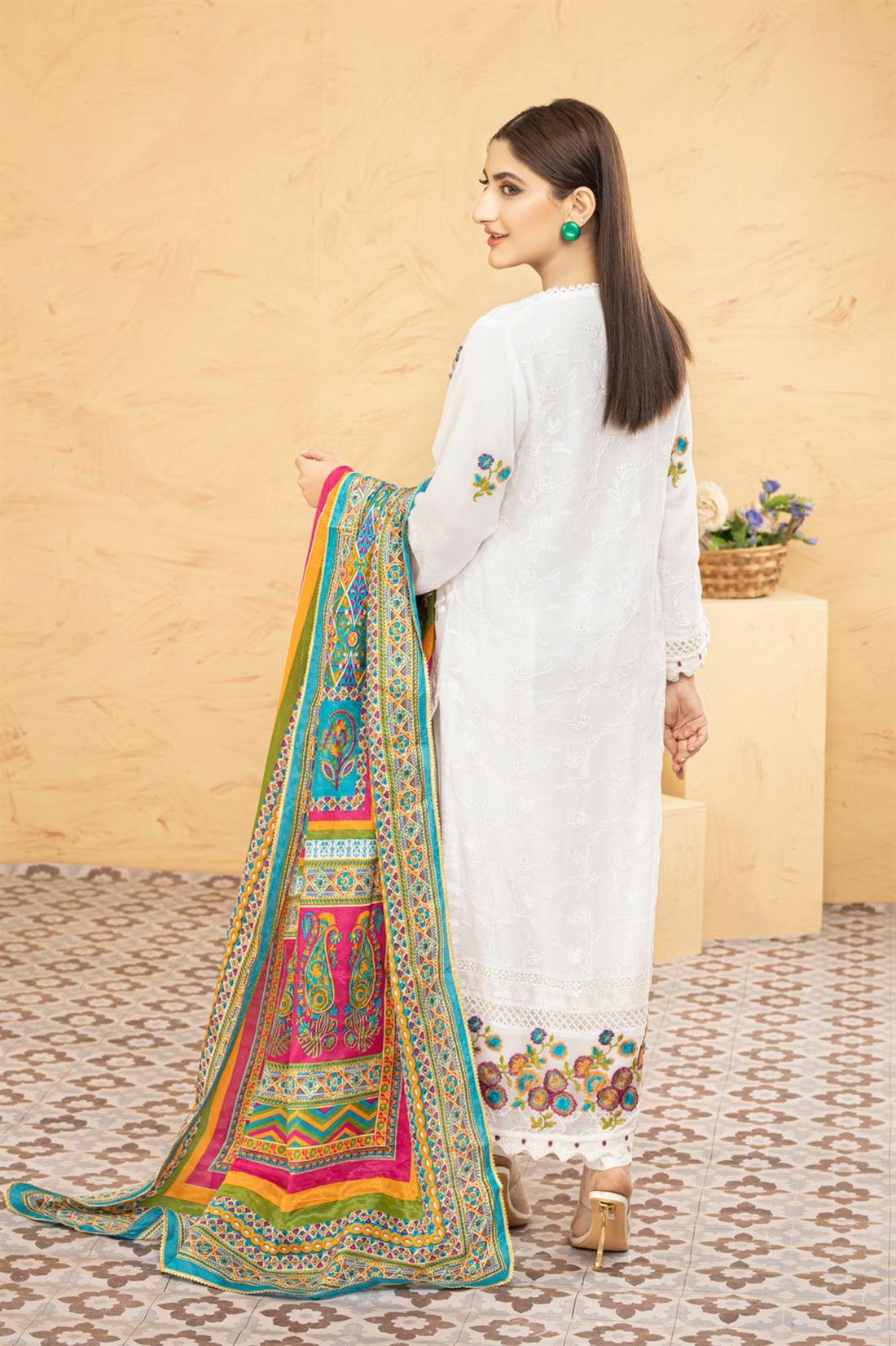 White & Multicolour Printed Raw Silk Ladies Readymade