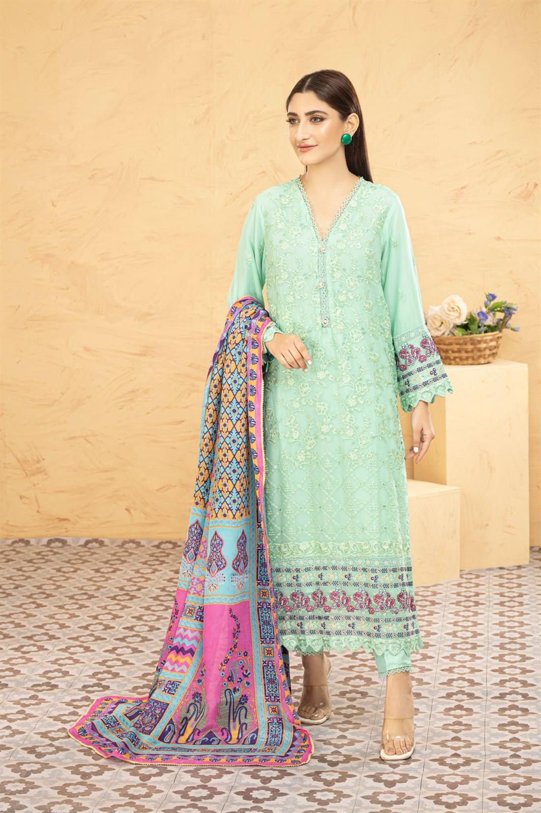 Mint & Multicolour Printed Raw Silk Chiffon Chikankari Kameez with Glitter Sequnce Work