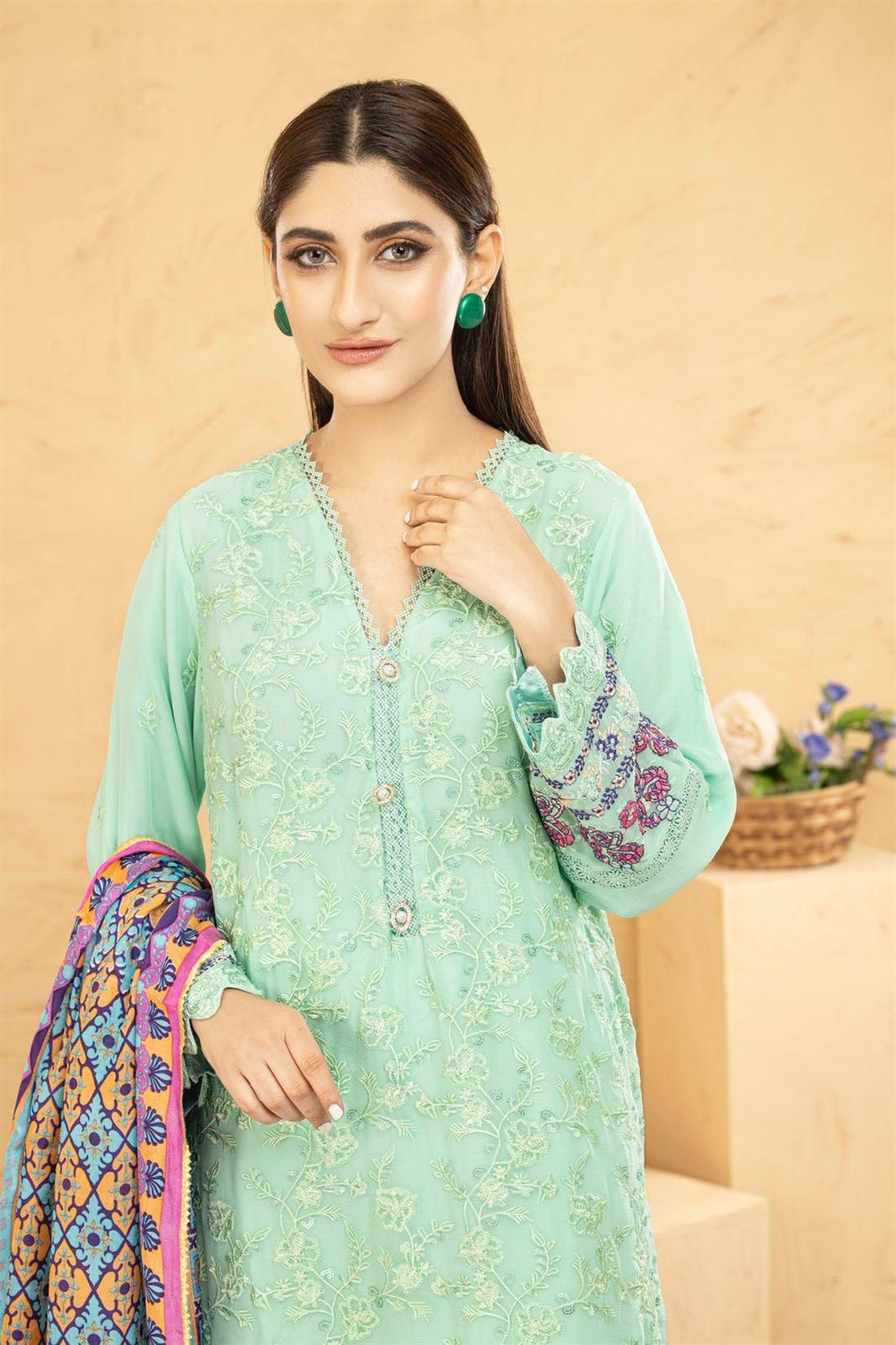 Mint & Multicolour Printed Raw Silk Chiffon Chikankari Kameez with Glitter Sequnce Work