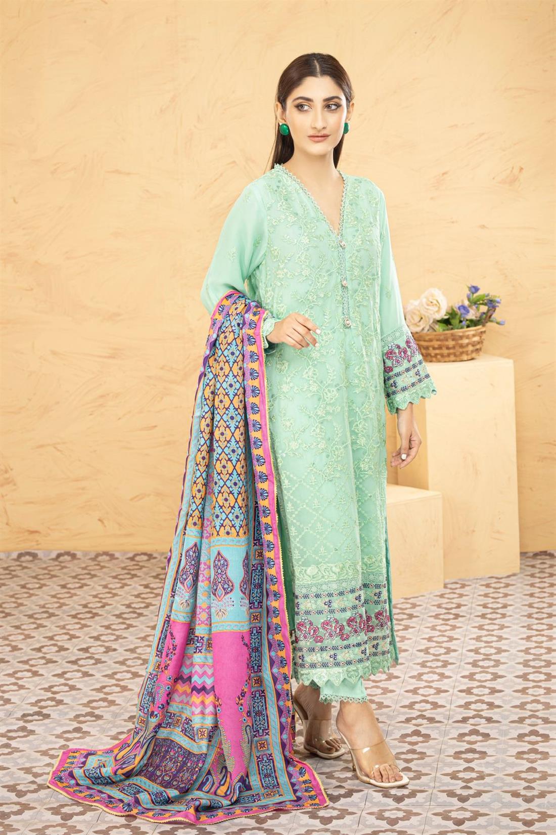 Mint & Multicolour Printed Raw Silk Chiffon Chikankari Kameez with Glitter Sequnce Work