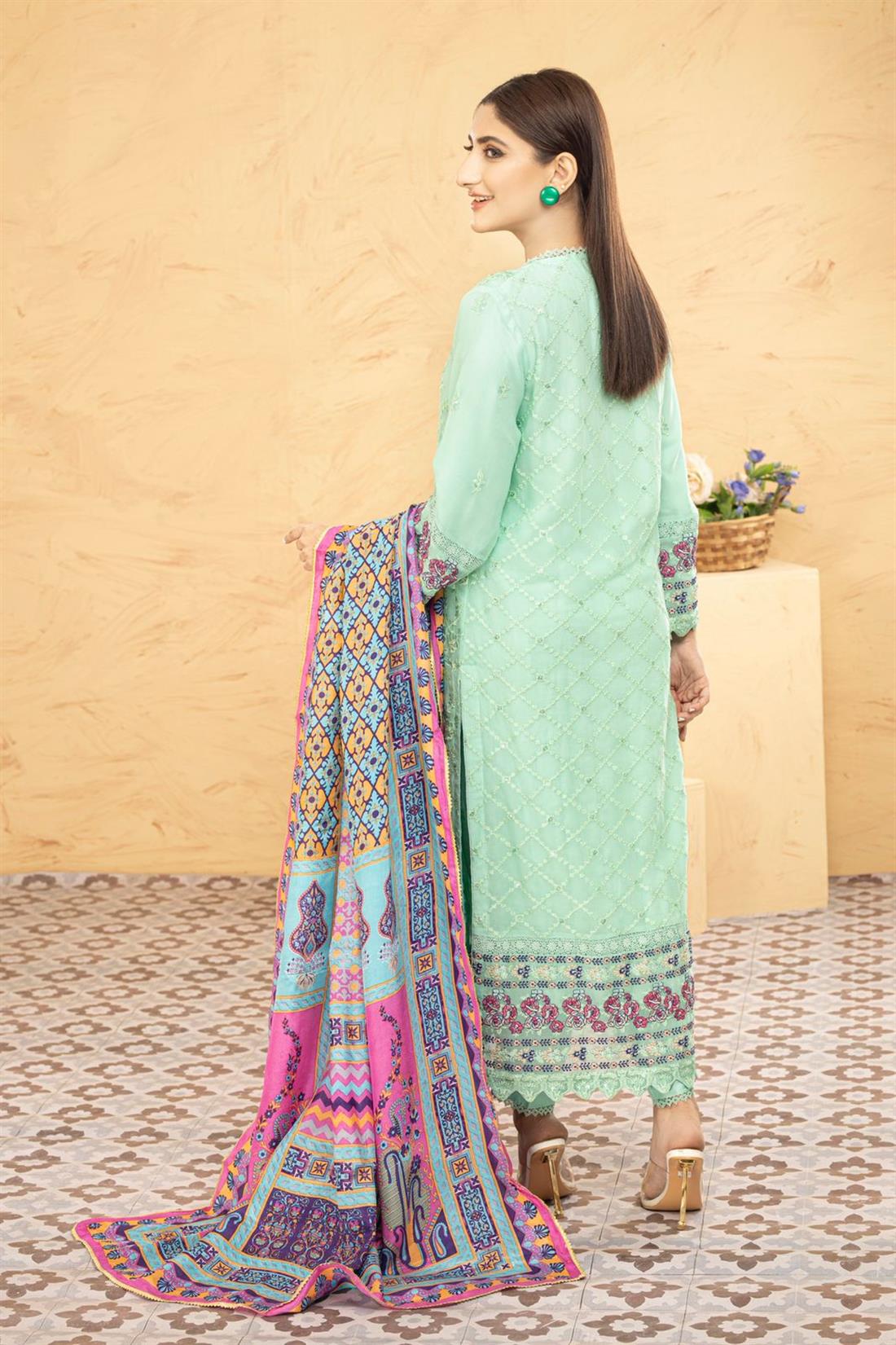 Mint & Multicolour Printed Raw Silk Chiffon Chikankari Kameez with Glitter Sequnce Work