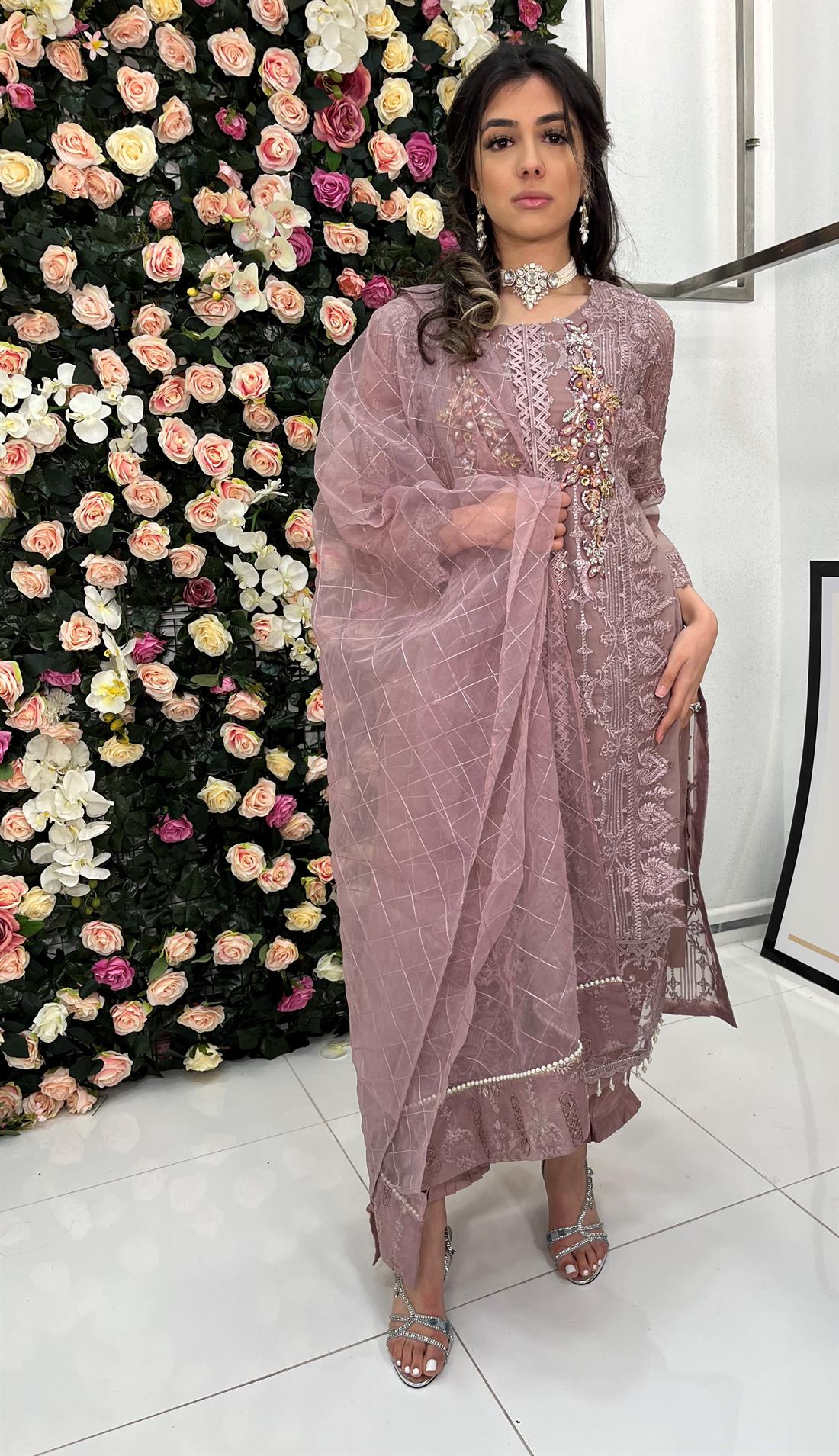 Lilac Embroidered Raw Silk Angrakha 3 Piece Suit
