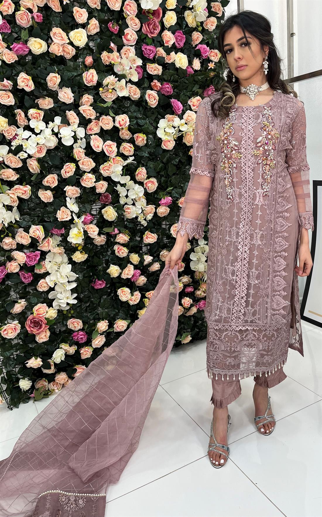 Lilac Embroidered Raw Silk Angrakha 3 Piece Suit
