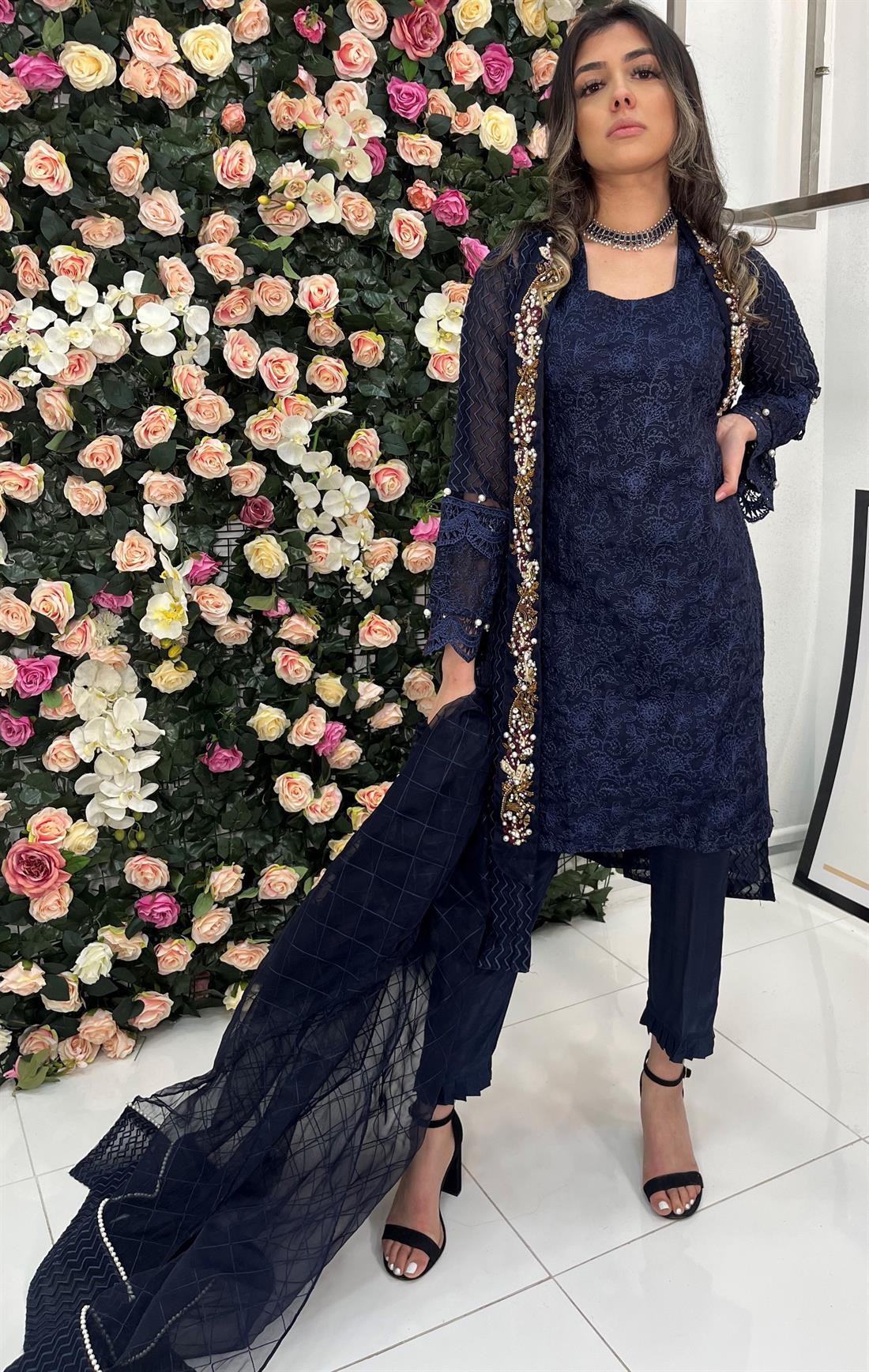 Navy Blue Embroidered Raw Silk Angrakha 3 Piece Suit
