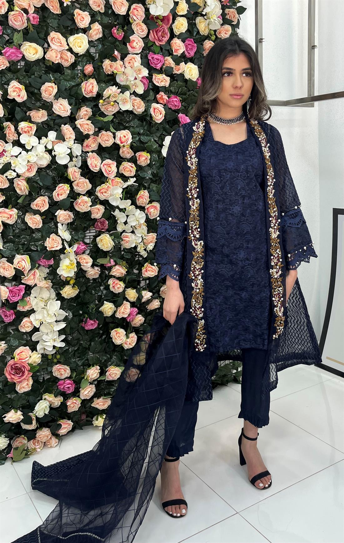 Navy Blue Embroidered Raw Silk Angrakha 3 Piece Suit