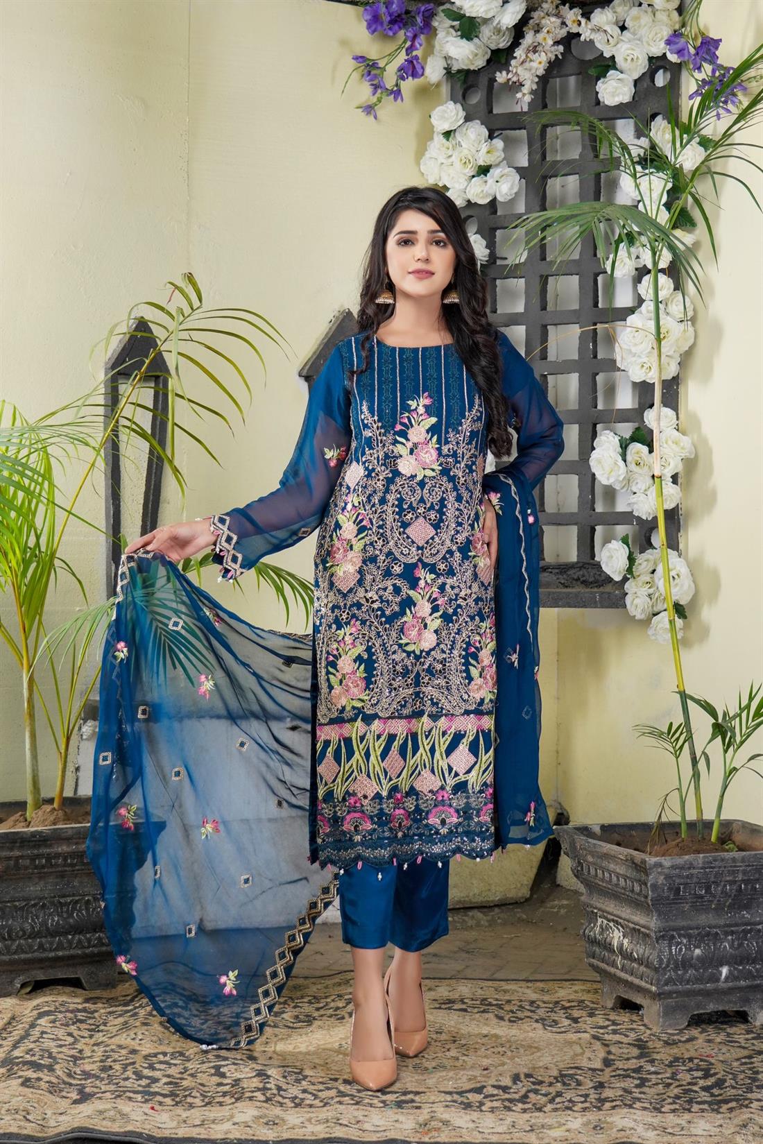 Teal & Pink Sequinned Chiffon 3 Piece Suit