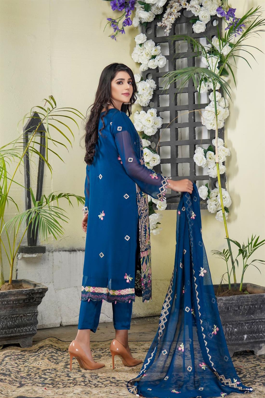 Teal & Pink Sequinned Chiffon 3 Piece Suit