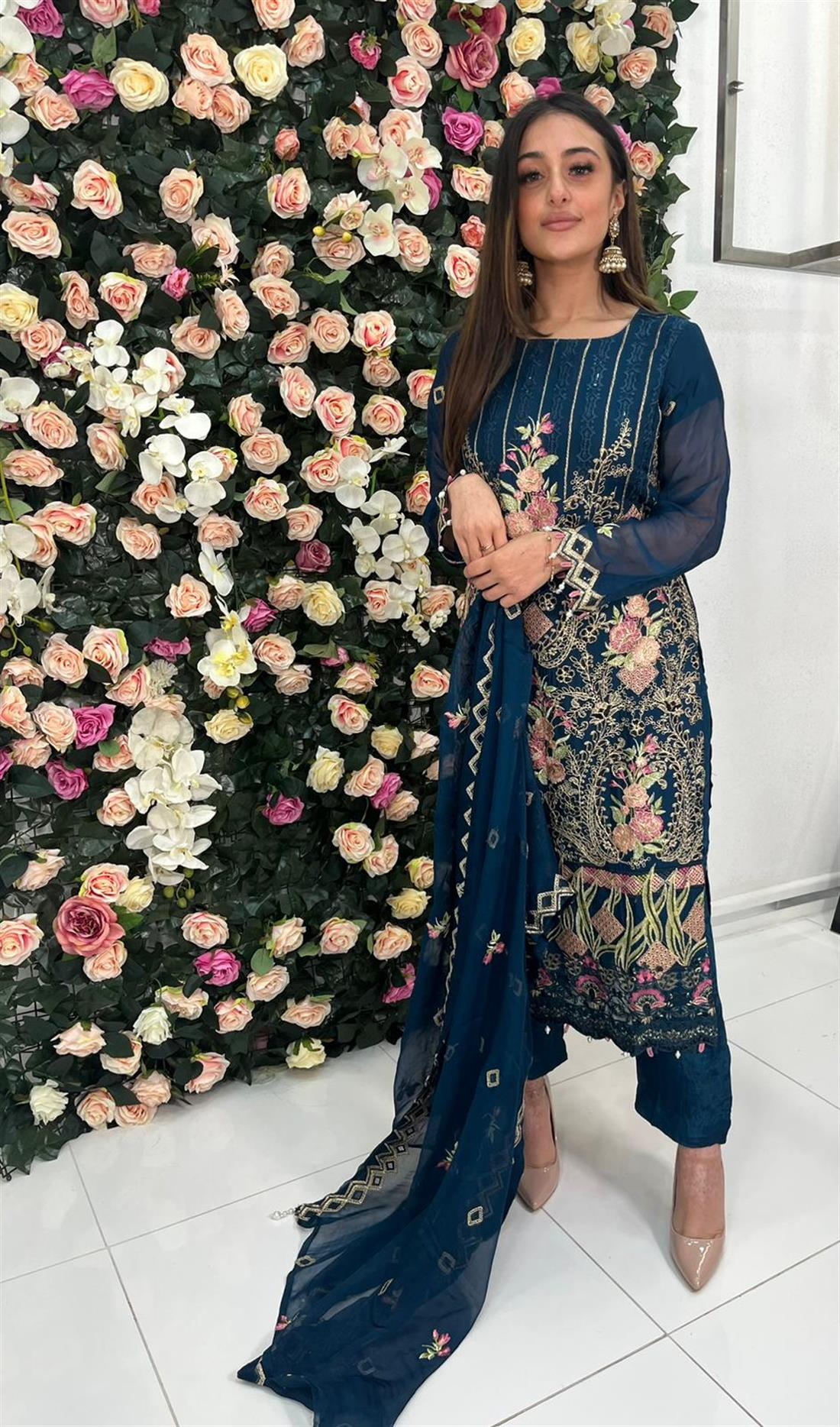 Teal & Pink Sequinned Chiffon 3 Piece Suit