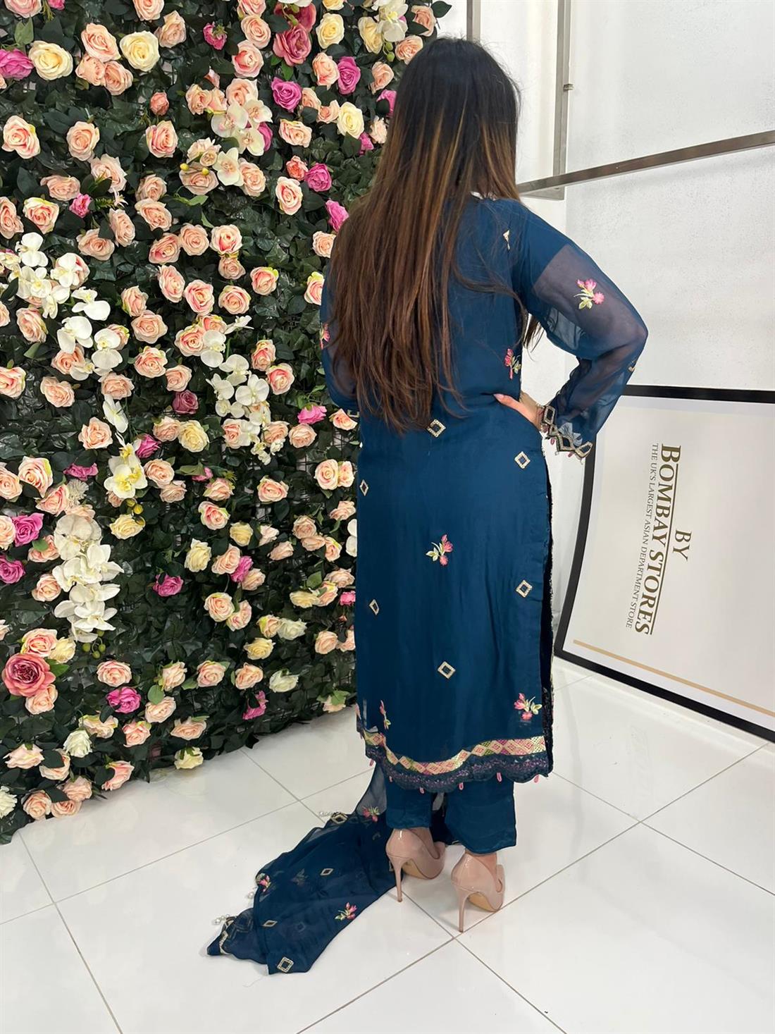 Teal & Pink Sequinned Chiffon 3 Piece Suit
