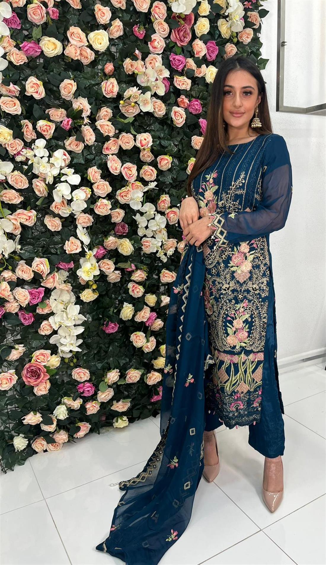 Teal & Pink Sequinned Chiffon 3 Piece Suit