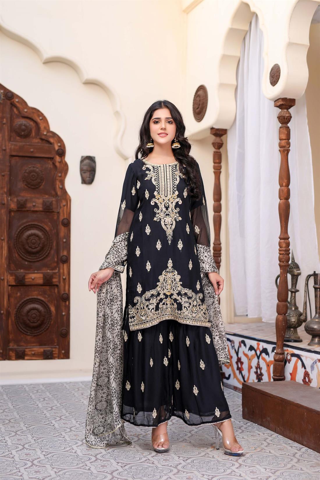 Black & Gold Chiffon Sharara 3 Piece Suit