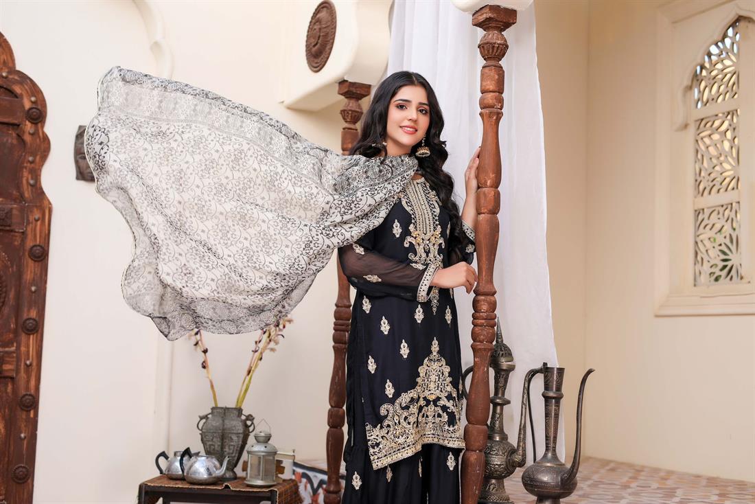 Black & Gold Chiffon Sharara 3 Piece Suit