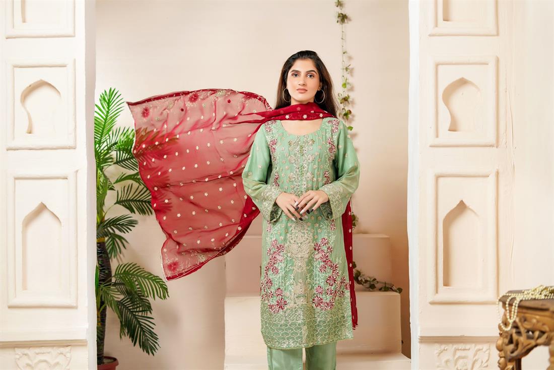 Mint & Maroon Chiffon 3 Piece Suit