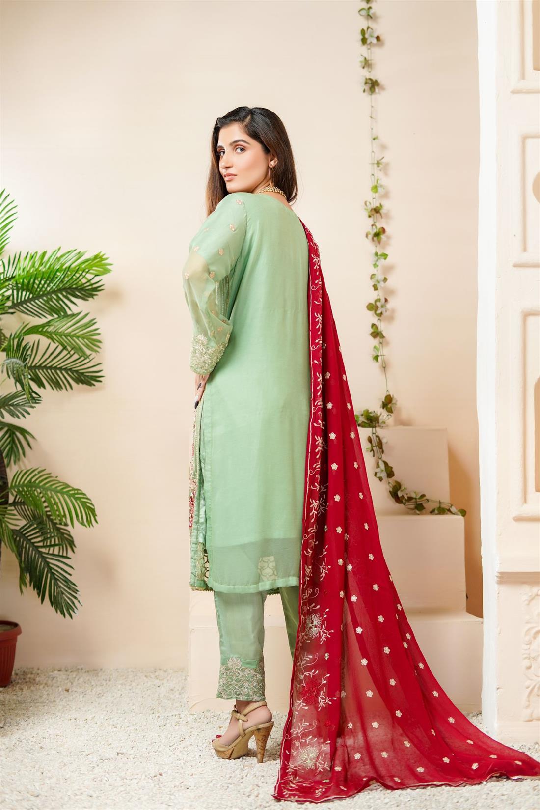 Mint & Maroon Chiffon 3 Piece Suit