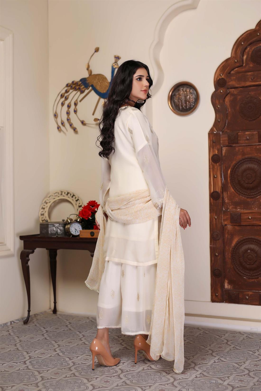 Cream & Gold Sharara 3 Piece Suit